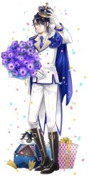 Rule 34 | 10s, 1boy, arm up, bad id, bad pixiv id, black-framed eyewear, black footwear, black hair, blue necktie, boots, bouquet, box, character doll, crown, flower, fushimi saruhiko, gift, gift box, gloves, hair between eyes, highres, holding, holding bouquet, k-project, knee boots, male focus, mini crown, munakata reishi, necktie, noes, pants, purple gloves, ribbon, short hair, simple background, solo, standing, white background, white gloves, white pants, yellow ribbon