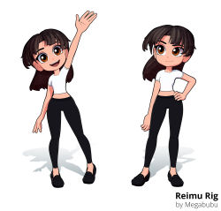 Rule 34 | 1girl, 3d, :d, alternate costume, black leggings, brown eyes, brown hair, casual, character name, chibi, commentary, english commentary, floating hair, hair behind ear, hakurei reimu, hand on own hip, highres, leggings, looking at viewer, looking to the side, multiple views, open hands, open mouth, shadow, shirt, smile, standing, t-shirt, takki thammawan, touhou, waving, white background, white shirt