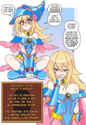 Rule 34 | 1girl, :&lt;, absurdres, angry, annoyed, arm guards, arms between legs, averting eyes, bare shoulders, blonde hair, blue capelet, blue footwear, blue hat, blue leotard, blush stickers, breasts, cape, capelet, cleavage, conical hat, dark magician girl, gem, gold choker, green eyes, green gemstone, grin, hair between eyes, hat, highres, indian style, jealous, jewelry, large breasts, leotard, long hair, looking at viewer, looking down, looking to the side, neck ring, nico-neko, pale skin, pink cape, pink skirt, pointy hat, red gemstone, showgirl skirt, sidelocks, sitting, skirt, sleeveless leotard, smile, solo, wizard hat, yellow gemstone, yu-gi-oh!