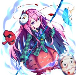 Rule 34 | 1girl, :|, absurdres, aura, bow, bowtie, breasts, bubble skirt, circle, closed mouth, commentary request, cross, expressionless, fox mask, green bow, green shirt, hata no kokoro, highres, holding, holding mask, horns, long hair, long sleeves, looking at viewer, mask, naginata, noh mask, oni mask, open mouth, orange skirt, pink eyes, pink hair, plaid, plaid shirt, polearm, purple bow, purple bowtie, red bow, shirt, simple background, skirt, small breasts, solo, standing, star (symbol), touhou, triangle, upper body, weapon, white background, yamanakaume