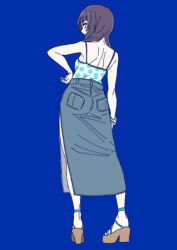 Rule 34 | 1girl, asaka karin, back, blue background, blue eyes, blue hair, blue skirt, camisole, closed mouth, commentary request, contrapposto, from behind, full body, hand on own hip, long skirt, looking at viewer, love live!, love live! nijigasaki high school idol club, medium hair, polka dot camisole, sandals, shinanoya (satanicad), skirt, solo, standing