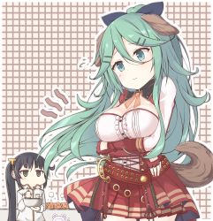 Rule 34 | 2girls, alternate costume, animal ears, belt, black eyes, black hair, blue eyes, blush, breast hold, breasts, cleavage, commentary request, cosplay, crossed arms, dog ears, dog tail, elbow gloves, female admiral (kancolle), gloves, green hair, hair between eyes, hair ornament, hair ribbon, hairclip, highres, kantai collection, kemonomimi mode, large breasts, long hair, long sleeves, multiple girls, ribbon, side ponytail, standing, tail, yamakaze (kancolle), yui (seiga)
