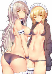 Rule 34 | 2girls, artoria pendragon (all), artoria pendragon (alter swimsuit rider) (fate), artoria pendragon (alter swimsuit rider) (second ascension) (fate), artoria pendragon (fate), ass, bikini, bikini under clothes, black bikini, black bow, black jacket, blonde hair, blush, bow, braid, breasts, bridal garter, brown hair, closed mouth, collarbone, commentary request, cowboy shot, fate/grand order, fate (series), french braid, hair bow, hands in pockets, highres, hood, hood down, hooded jacket, jacket, jeanne d&#039;arc (fate), jeanne d&#039;arc alter (avenger) (fate), jeanne d&#039;arc alter (fate), large breasts, long hair, looking at viewer, lowleg, lowleg bikini, maid, maid bikini, maid headdress, medium breasts, multiple girls, navel, open clothes, open jacket, saber alter, simple background, standing, stomach, suteba (grzjkbhgf), sweatdrop, swimsuit, thigh strap, twisted torso, unconventional maid, white background