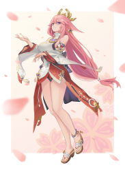 Rule 34 | 1girl, absurdres, animal ears, anklet, bare legs, border, breast hold, breasts, bziwang, cherry blossoms, commentary request, detached sleeves, earrings, fingernails, floppy ears, floral print, fox ears, full body, genshin impact, hair between eyes, hair ornament, highres, japanese clothes, jewelry, large breasts, long hair, low-tied long hair, nail polish, outstretched hand, parted lips, pendant, petals, pink hair, pink nails, purple eyes, ribbon trim, sandals, shirt, smile, solo, standing, tan background, tassel, thighs, toenails, toes, vision (genshin impact), white border, white shirt, wide sleeves, wind, yae miko