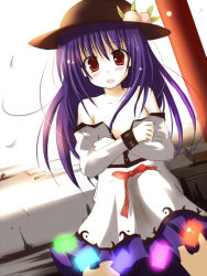Rule 34 | 1girl, backlighting, bare shoulders, blue hair, blush, dutch angle, female focus, food, fruit, hat, hinanawi tenshi, long hair, looking at viewer, mashayuki, open mouth, peach, red eyes, solo, touhou