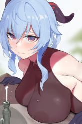 Rule 34 | 1girl, absurdres, blue hair, bodysuit, breast rest, breasts, closed mouth, commentary request, ganyu (genshin impact), gatchan, genshin impact, goat horns, hair between eyes, highres, horns, large breasts, long hair, solo, upper body