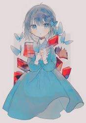 Rule 34 | 1girl, blue bow, blue butterfly, blue dress, blue eyes, blue hair, book, bow, braid, bug, butterfly, commentary request, dress, grey background, hair bow, hand on own chest, insect, irodori warabi, long sleeves, looking at viewer, original, parted lips, short hair, side braid, simple background, solo