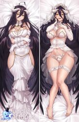 Rule 34 | 1girl, ahoge, albedo (overlord), arms under breasts, artist name, bare shoulders, bed sheet, black hair, black wings, breasts, bridal gauntlets, bridal veil, commentary, cuddly octopus, dakimakura (medium), dress, elbow gloves, english commentary, fangs, feet, fishnet thighhighs, fishnets, full body, gloves, hair between eyes, hand on own cheek, hand on own chest, hand on own face, highres, horns, iwbitu, large breasts, long hair, looking at viewer, navel, overlord (maruyama), panties, smile, thighhighs, toeless legwear, toes, twitter username, underwear, veil, very long hair, white dress, white gloves, white panties, wings, yellow eyes