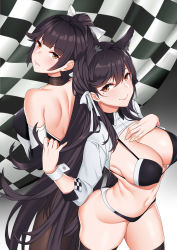 Rule 34 | 2girls, absurdres, animal ears, atago (azur lane), atago (stunning speedster) (azur lane), azur lane, bikini, black hair, black legwear, blush, bow, breasts, brown eyes, checkered flag, closed mouth, covered erect nipples, extra ears, flag, gloves, groin, hair bow, hair flaps, hair ribbon, hand on own breast, hand up, highres, large breasts, leotard, long hair, looking at viewer, mole, mole under eye, multiple girls, navel, pantyhose, ponytail, race queen, ribbon, shrug (clothing), sleeve cuffs, smile, stomach, swept bangs, swimsuit, takao (azur lane), takao (full throttle charmer) (azur lane), very long hair, white bow, white ribbon, wrist cuffs, zui ai shuang mawei