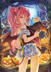 Rule 34 | 1girl, back bow, blue skirt, bow, candle, castle, corset, demon girl, demon horns, demon tail, demon wings, detached sleeves, from behind, hair ornament, halloween, hat, highres, holding, holding clothes, holding hat, horns, jack-o&#039;-lantern, jack-o&#039;-lantern hair ornament, long hair, looking at viewer, looking back, miniskirt, night, original, pink eyes, pink hair, pointy ears, ribbon, short sleeves, sibyl, sidelocks, skirt, smile, solo, striped clothes, striped skirt, tail, tree, two side up, unworn hat, unworn headwear, vertical-striped clothes, vertical-striped skirt, wings, witch hat, yellow bow, yellow ribbon
