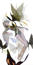 Rule 34 | 1girl, absurdres, animal, bare legs, barefoot, black butterfly, black leotard, bug, butterfly, closed eyes, closed mouth, commentary, detached sleeves, english commentary, facing up, floating, floating hair, full body, grey hair, highres, insect, layered sleeves, leotard, medium hair, mr. owlish, original, oversized animal, see-through, see-through sleeves, simple background, strapless, strapless leotard, white background, wide sleeves