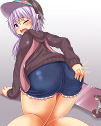 Rule 34 | 1girl, accident, all fours, ass, baseball cap, blush, from behind, hand on ass, hat, headphones, hood, hoodie, huge ass, jacket, light purple hair, long hair, looking at viewer, looking back, one eye closed, open mouth, purple eyes, roro (sghona10), shiny clothes, shiny skin, short shorts, shorts, skateboard, solo, tears, vocaloid, voiceroid, yuzuki yukari