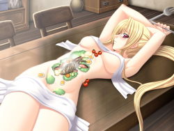 Rule 34 | 1girl, arms up, blonde hair, blush, breasts, eushully, food, lying, nyotaimori, red eyes, solo, tagme