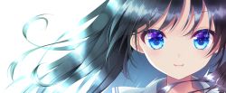 Rule 34 | &gt;:), 1girl, black hair, blue eyes, closed mouth, commentary request, floating hair, hair between eyes, highres, looking at viewer, minatsuki alumi, original, portrait, sailor collar, simple background, smile, solo, v-shaped eyebrows, white background, white sailor collar