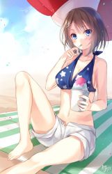 Rule 34 | 10s, 1girl, artist name, barefoot, beach towel, beach umbrella, bikini, bikini top only, blue bikini, blue eyes, blush, breasts, brown hair, cleavage, collarbone, food, hair ornament, hairclip, jpeg artifacts, kantai collection, maya (kancolle), one-hour drawing challenge, print bikini, shaved ice, short hair, shorts, signature, solo, star (symbol), star print, striped, swimsuit, toosaka asagi, towel, umbrella, white shorts, x hair ornament