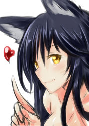 Rule 34 | 1girl, ahri (league of legends), animal ears, fang, fox ears, heart, highres, kaho (amal135), league of legends, simple background, smile, solo, white background, yellow eyes