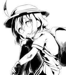 Rule 34 | 1girl, :t, backlighting, backpack, bag, commentary request, crosshatching, expressionless, feet out of frame, from side, gloves, greyscale, hair between eyes, hat feather, hatching (texture), head rest, helmet, hugging own legs, kaban (kemono friends), kemono friends, knees to chest, knees up, pantyhose under shorts, linear hatching, looking at viewer, looking to the side, monochrome, own hands together, pantyhose, parted lips, pith helmet, shirt, shirt tucked in, short hair, short sleeves, shorts, sidelocks, simple background, sitting, solo, swept bangs, tareme, wagiyabosa jirou, wavy hair, white background