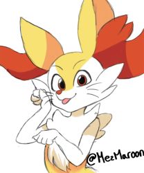 Rule 34 | 1girl, :3, animal ear fluff, animal ears, artist name, braixen, closed mouth, creatures (company), female focus, fox ears, furry, furry female, game freak, gen 6 pokemon, hands up, happy, highres, jpeg artifacts, looking at viewer, mezmaroon, nintendo, paw pose, pokemon, pokemon (creature), red eyes, simple background, smile, solo, tongue, tongue out, twitter username, upper body, whiskers, white background