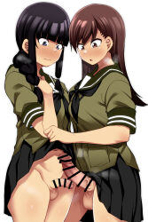 Rule 34 | 2futa, absurdres, bar censor, black hair, black skirt, blue eyes, blunt bangs, blush, braid, breasts, brown eyes, brown hair, censored, closed mouth, clothes lift, erection, foreskin, futa with futa, futanari, highres, kaauchi, kantai collection, kitakami (kancolle), lifting another&#039;s clothes, long hair, looking at penis, medium breasts, multiple futa, multiple penises, navel, no panties, ooi (kancolle), parted lips, penis, penis awe, penis size difference, pleated skirt, sailor collar, school uniform, serafuku, sidelocks, simple background, single braid, size comparison, skirt, skirt lift, sweat, testicles, veins, veiny penis, white background