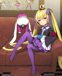 Rule 34 | 1girl, 7th dragon, 7th dragon (series), 7th dragon 2020, blonde hair, blush, brown upholstery, checkered floor, chelsea (7th dragon), couch, crown, feet, floor, frills, gothic lolita, green eyes, hacker (7th dragon), handheld game console, kanya pyi, lolita fashion, long hair, looking at viewer, no shoes, pantyhose, playstation portable, ribbon, sitting, solo, striped clothes, striped pantyhose, striped thighhighs, stuffed animal, stuffed rabbit, stuffed toy, thighhighs, twintails, vertical-striped clothes, vertical-striped pantyhose, vertical-striped thighhighs