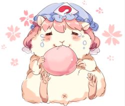 Rule 34 | 1girl, animal, animalization, blush, clothed animal, crying, eating, floral background, hamster, happy, hat, mob cap, no humans, pink hair, saigyouji yuyuko, short hair, siam (meow13), simple background, sitting, sketch, solo, tears, touhou, triangular headpiece, veil, white background