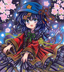 Rule 34 | 1girl, :d, adapted costume, black dress, blue hair, blue hat, cabbie hat, cherry blossoms, cowboy shot, dress, fang, flower, frilled dress, frills, green ribbon, hat, hat ornament, hat ribbon, jiangshi, long sleeves, looking at viewer, marker (medium), medium hair, miyako yoshika, neck ribbon, ofuda, ofuda on head, open mouth, pink flower, purple eyes, red dress, red ribbon, ribbon, rui (sugar3), sample watermark, smile, solo, standing, star (symbol), star hat ornament, touhou, traditional media, two-tone dress, watermark, wide sleeves