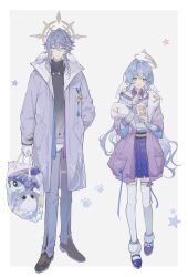Rule 34 | 1boy, 1girl, :&lt;, :d, absurdres, arm at side, arm behind back, bag, black footwear, black sweater, blue hair, blue skirt, border, bubble tea, closed mouth, coat, collared shirt, critter pick (honkai: star rail), cup, earrings, full body, fur socks, gloves, gradient sweater, green eyes, grey background, grey coat, grey pants, grey sweater, hair between eyes, hair intakes, halo, hands up, highres, holding, holding bag, holding cup, honkai: star rail, honkai (series), jacket, jewelry, leg ribbon, legs apart, light smile, long sleeves, mary janes, medium hair, miniskirt, open clothes, open coat, open mouth, pants, pocket, print coat, purple jacket, ribbon, robin (honkai: star rail), shirt, shoes, shopping bag, simple background, single off shoulder, skirt, sleeves past elbows, smile, sparkling eyes, standing, star (symbol), striped clothes, striped sweater, sunday (honkai: star rail), sweater, swept bangs, thighhighs, turtleneck, turtleneck sweater, white border, white gloves, white thighhighs, wing ears, yellow eyes, yue (shemika98425261)