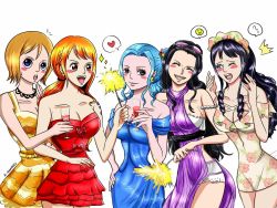 Rule 34 | 5girls, :d, :o, ;d, alcohol, alternate costume, armlet, artist request, baby 5, bare arms, bare legs, bare shoulders, black eyes, black hair, blue dress, blue eyes, blue hair, blush stickers, breasts, brown hair, cleavage, closed eyes, closed mouth, collarbone, cross-laced clothes, cross-laced dress, cup, dress, drill hair, drinking glass, earrings, eyewear on head, female focus, floral print, glasses, hand on own hip, hand up, hands up, happy, head tilt, heart, highres, jewelry, koala (one piece), large breasts, legs, light blue hair, light brown hair, lineup, long dress, long hair, looking at another, looking at viewer, looking up, medium breasts, multiple girls, nami (one piece), neck, necklace, nefertari vivi, nico robin, off-shoulder dress, off shoulder, one eye closed, one piece, open mouth, orange dress, orange hair, ponytail, purple dress, red dress, red eyes, round teeth, short dress, short hair, sidelocks, simple background, sleeveless, sleeveless turtleneck, smile, spoken heart, standing, strapless, strapless dress, striped clothes, striped dress, tattoo, teeth, turtleneck, upper teeth only, white background, wine