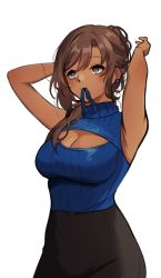 Rule 34 | 1girl, adjusting hair, armpits, arms up, black skirt, black survival, blue eyes, blue shirt, breasts, cathy huggins, charon (duddnd2361), cleavage, cleavage cutout, clothing cutout, dark skin, earrings, eternal return: black survival, heart, heart-shaped pupils, highres, jewelry, medium breasts, medium hair, mouth hold, shirt, simple background, skirt, solo, symbol-shaped pupils, white background