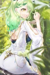 Rule 34 | 1girl, back cutout, braid, branch, breasts, ceres fauna, clothing cutout, dress, forest, gold, grass, green hair, hair brush, highres, hololive, hololive english, horns, leaf, looking to the side, loose clothes, medium breasts, medium hair, nature, oekaki fuwafuwa, open mouth, parted lips, sitting, tight clothes, virtual youtuber, wavy hair, white dress, yellow eyes