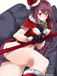 Rule 34 | 1girl, absurdres, alternate costume, amu (258shin), between breasts, black gloves, blush, breasts, christmas, commentary request, fate/grand order, fate (series), gae bolg (fate), gloves, hat, highres, holding, holding weapon, large breasts, long hair, looking at viewer, panties, polearm, purple hair, purple panties, red eyes, santa costume, santa hat, scathach (fate), scathach (fate), smile, solo, spear, sweatdrop, thighs, twitter username, underwear, very long hair, weapon