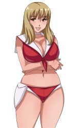 Rule 34 | 10s, 1girl, blonde hair, blush, boobies uniform, breast hold, breasts, brown eyes, choker, cleavage, collarbone, crossed arms, front-tie top, large breasts, lips, long hair, looking at viewer, matoyama, midriff, navel, short shorts, shorts, simple background, smile, solo, space dandy, white background