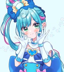 Rule 34 | 1girl, back bow, blue background, blue bow, blue corset, blue hair, blue theme, blush, bow, brooch, closed mouth, corset, cure spicy, curly hair, delicious party precure, detached collar, dot nose, earrings, elbow gloves, floral background, fuwa kokone, gloves, green eyes, hair bow, hair ornament, heart, heart brooch, jewelry, kuzumochi, large bow, long hair, magical girl, money gesture, multicolored hair, pink bow, pink hair, precure, side ponytail, simple background, single hair ring, smile, solo, streaked hair, upper body, white gloves