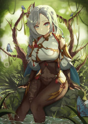 Rule 34 | 1girl, absurdres, blue eyes, blue nails, bodysuit, branch, breast curtain, breasts, bridal gauntlets, bug, butterfly, chinese clothes, closed mouth, detached sleeves, earrings, forest, genshin impact, gold trim, highres, hip vent, insect, jewelry, large breasts, looking at viewer, nahanmin, nail polish, nature, on rock, rock, shenhe (genshin impact), silver hair, single earring, sitting, soaking feet, solo, tassel, tassel earrings, water, water drop