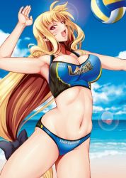 Rule 34 | 1girl, :d, armpits, bare arms, bare shoulders, beach, beach volleyball, bikini, black bow, blonde hair, blue bikini, blue sky, blush, bow, breasts, cleavage, cowboy shot, day, fate testarossa, from side, hair bow, itachou, large breasts, lens flare, long hair, looking at viewer, looking to the side, low-tied long hair, lyrical nanoha, mahou shoujo lyrical nanoha, navel, open mouth, outdoors, red eyes, sky, smile, solo, sports bikini, stomach, swimsuit, very long hair