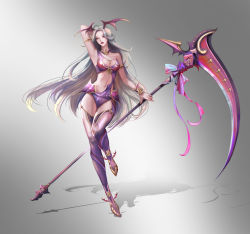 Rule 34 | 1girl, absurdres, boots, breasts, cleavage, clothing cutout, commentary, english commentary, fantasy, head wings, highres, holding, holding scythe, horong, huge weapon, long hair, looking at viewer, medium breasts, navel, original, scythe, solo, stomach cutout, thigh boots, thighhighs, very long hair, weapon, wings, yellow eyes