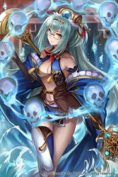 Rule 34 | 1girl, age of ishtaria, bare shoulders, bow, bowtie, breasts, center opening, cleavage, company name, copyright notice, earrings, glasses, gloves, green hair, hair ornament, jewelry, kenren taishou (age of ishtaria), long hair, navel, official art, skull, solo, staff, uuta (uturautouto), yellow eyes
