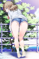 Rule 34 | 1girl, ass, blue eyes, blue shorts, blue sky, brown hair, cloud, cloudy sky, commentary, day, from behind, full body, grin, half-closed eyes, hand on own leg, heel up, inu (aerodog), kneepits, leaning forward, legs, long sleeves, looking at viewer, looking back, love live!, love live! sunshine!!, medium hair, ocean, outdoors, panties, panty peek, railing, shoes, short shorts, shorts, sky, smile, socks, solo, standing, sweater, thighs, tree, twitter username, underwear, upshorts, w, watanabe you, white footwear, white socks, white sweater, yellow panties