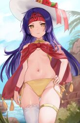 Rule 34 | absurdres, fire emblem, fire emblem: path of radiance, from below, hat, highres, nintendo, purple hair, sanaki kirsch altina, swimsuit, tagme, thighhighs