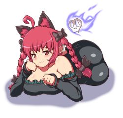 Rule 34 | 1girl, :3, animal ears, ass, braid, breasts, cat ears, cat girl, cleavage, curvy, dress, female focus, ghost, huge breasts, kaenbyou rin, long hair, lying, moisture (chichi), pointy ears, red eyes, red hair, solo, touhou, twin braids, white background