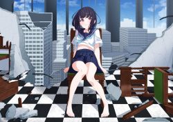 Rule 34 | 1girl, arm support, barefoot, black hair, blue nails, blue neckerchief, blue sailor collar, blue skirt, blue sky, blush, building, chair, checkered floor, city, cityscape, clenched teeth, cloud, cloudy sky, commentary request, debris, feet, godai 01, highres, indoors, knees together feet apart, leaning back, legs, long hair, looking at viewer, midriff, miniskirt, nail polish, navel, neckerchief, original, pink eyes, pleated skirt, rubble, ruins, sailor collar, school uniform, serafuku, shadow, short sleeves, sitting, skirt, sky, solo, teeth, toenail polish, toenails, toes