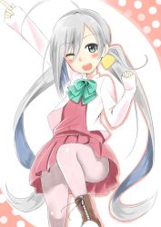 Rule 34 | 10s, 1girl, ;d, ahoge, blush, bow, bowtie, green eyes, grey hair, hair ribbon, highres, kantai collection, kiyoshimo (kancolle), long hair, looking at viewer, low twintails, multicolored hair, one eye closed, open mouth, pantyhose, pointing, pointing up, ribbon, school uniform, smile, solo, twintails, very long hair, yoshiki (bpmaxm)