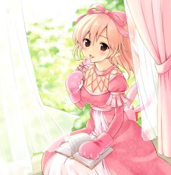 Rule 34 | 1girl, :p, player character (mabinogi), bad id, bad pixiv id, blonde hair, blush, book, breasts, brown hair, candy, curtains, dress, female focus, food, gloves, hair ribbon, irimo, licking, lollipop, long hair, looking at viewer, mabinogi, nature, plant, pointy ears, ribbon, solo, stuffed animal, stuffed toy, tongue, tongue out, wind, window