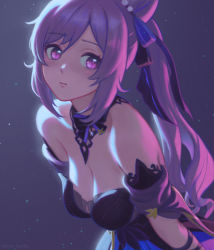 Rule 34 | 1girl, bare shoulders, black dress, blue dress, blush, bow, breasts, cleavage, detached collar, double bun, dress, genshin impact, hair bun, hair ornament, hair ribbon, highres, keqing (genshin impact), keqing (opulent splendor) (genshin impact), kuri kuriku, looking to the side, multicolored clothes, multicolored dress, purple background, purple eyes, purple hair, ribbon, shy, simple background, solo, twintails, upper body