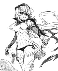 Rule 34 | 1girl, 1other, 9a-91 (girls&#039; frontline), beret, breasts, dokomon, dress, girls&#039; frontline, gloves, greyscale, grin, hair ornament, hat, holding, holding knife, knife, layered sleeves, long hair, long sleeves, looking at viewer, low ponytail, medium breasts, monochrome, panties, ponytail, puffy short sleeves, puffy sleeves, scarf, see-through, severed limb, short over long sleeves, short sleeves, side-tie panties, simple background, smile, solo focus, torn clothes, torn scarf, underwear, very long hair, white background
