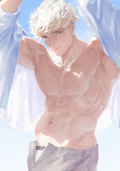 Rule 34 | 1boy, abs, bara, bare pectorals, blonde hair, closed mouth, granblue fantasy, grey pants, highres, kshbjb3bppui9om, large pectorals, looking at viewer, male focus, male underwear, male underwear peek, muscular, muscular male, navel, nipples, open clothes, open pants, open shirt, pants, pectorals, shirt, short hair, smile, solo, underwear, vane (granblue fantasy), white shirt
