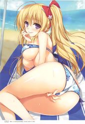 Rule 34 | 1girl, absurdres, ahoge, ass, bandeau, beach, between legs, bikini, blonde hair, blush, bow, breasts, cloud, day, finger to mouth, floral print, hair bow, highres, large breasts, long hair, looking at viewer, ocean, one side up, original, outdoors, page number, purple eyes, scan, side-tie bikini bottom, sky, smile, solo, sweat, swimsuit, thighs, tomose shunsaku, towel, umbrella, underboob, water, wet