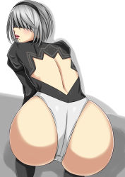 Rule 34 | 1girl, absurdres, android, ass, back, back cutout, black hairband, blindfold, clothing cutout, from behind, hairband, highres, huge ass, kneeling, leotard, mole, mole under mouth, nier (series), nier:automata, parted lips, shiny clothes, short hair, silver hair, solo, 2b (nier:automata), yulia
