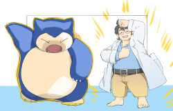 Rule 34 | 1boy, :d, ^ ^, arm up, attack, aura, barefoot, belly, belt, closed eyes, creatures (company), facial hair, fat, fat man, game freak, gen 1 pokemon, glasses, grey hair, hands up, highres, jinnta4014, lab coat, male focus, neroli (pokemon), nintendo, open mouth, pants, pokemon, pokemon (creature), pokemon sleep, round eyewear, short hair, smile, snorlax, stubble, thick eyebrows, tusks, yellow pants