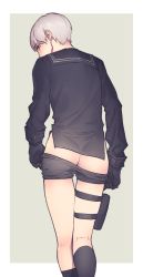 Rule 34 | 1boy, ass, black gloves, black socks, butcher shop, butt crack, from behind, gloves, holster, looking back, male focus, nier (series), nier:automata, outside border, shorts, socks, solo, thigh holster, thigh strap, undressing, white hair, 9s (nier:automata)